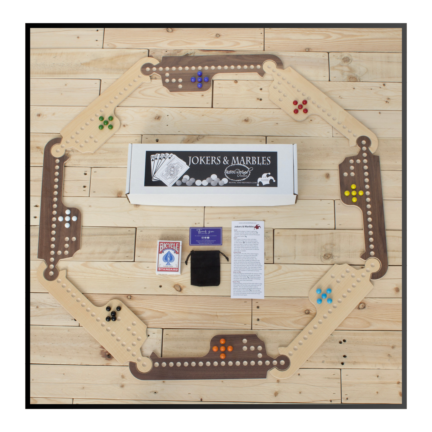 Jokers & Marbles Solid Wood Board Game, 4-8 Player - Pegs and Jokers