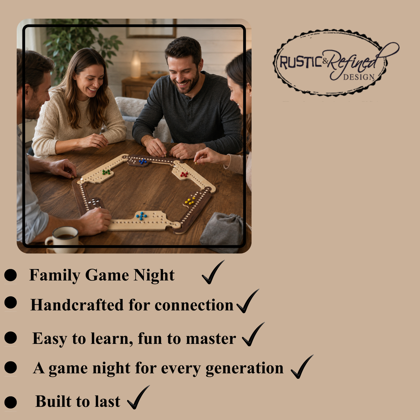 Jokers & Marbles Solid Wood Board Game, 4-8 Player - Pegs and Jokers